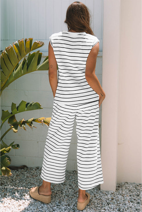 Striped Padded Shoulder Muscle Tee And Wide Leg Pants Lounge Set